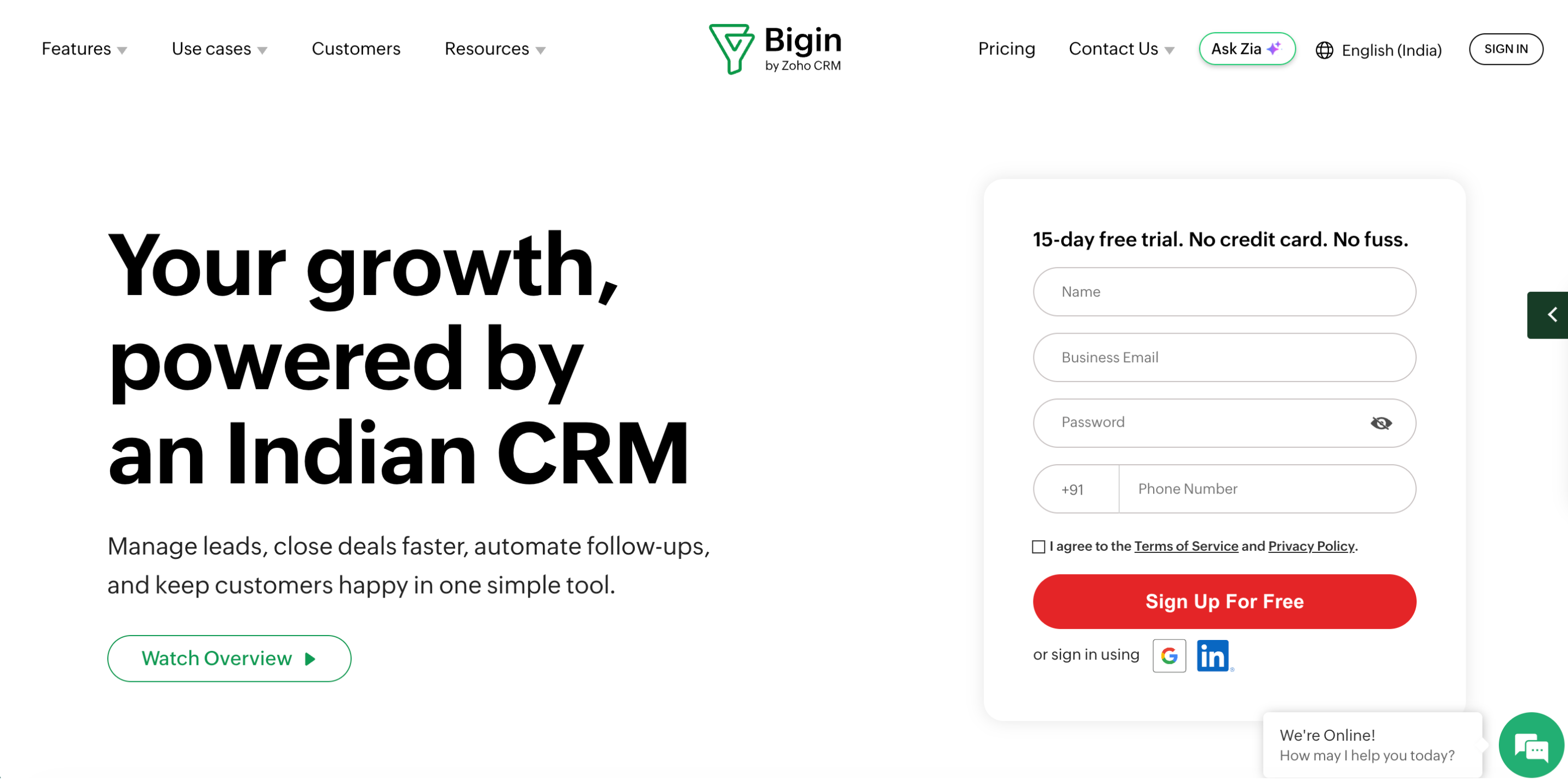 Zoho Bigin landing page